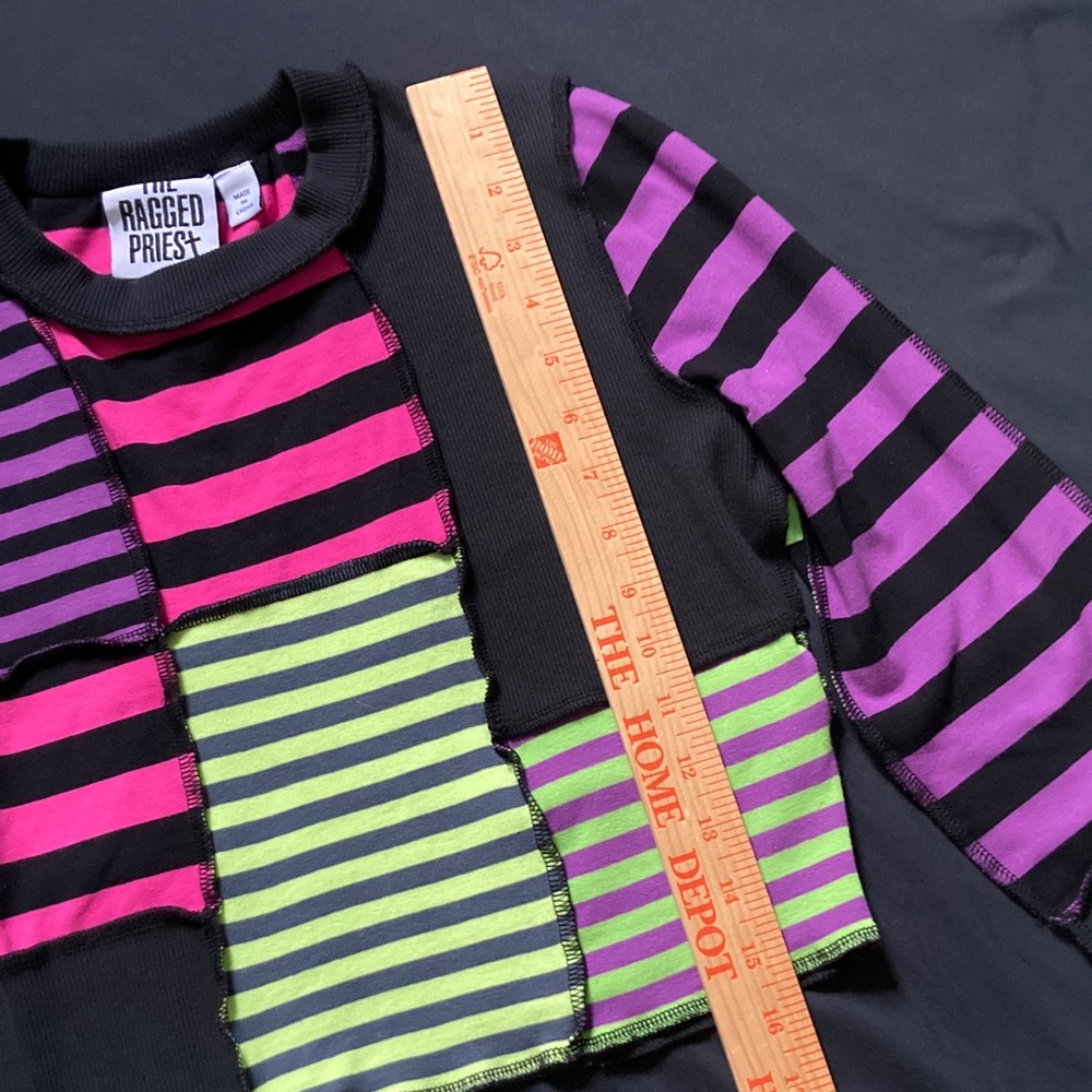 The Ragged Priest Patchwork Striped Long Sleeve Crop Pink Purple Green Size S - Picture 4 of 11
